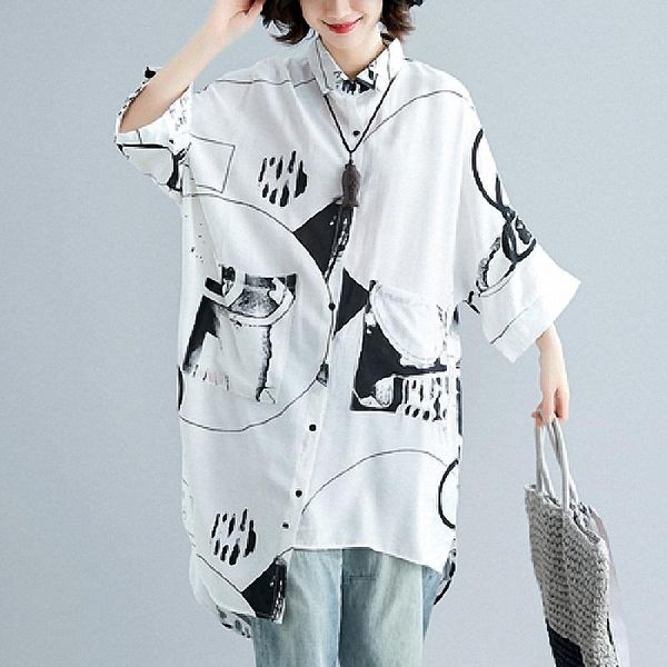 women's blouses & shirts spring summer women style irregular printed long plus size female abstract three quarter sleeve blouse, White
women's blouses & shirts spring summer women style irregular printed long plus size female abstract three quarter sleeve blouse, White
