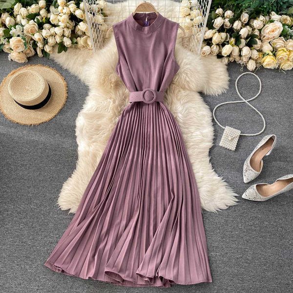 spring autumn vintage purple/beige/black pleated dress women round neck sleeveless sashes vestidos female high waist robe 2020 y0603, Black;gray
spring autumn vintage purple/beige/black pleated dress women round neck sleeveless sashes vestidos female high waist robe 2020 y0603, Black;gray