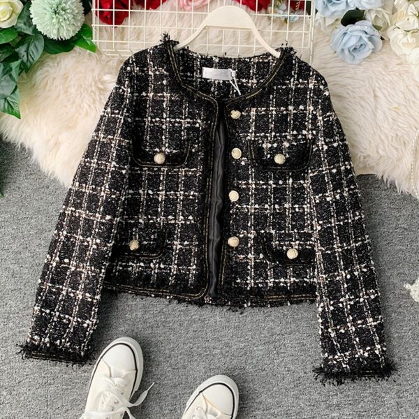vintage tweed jacket coat women small fragrance patchwork korean woollen cropped coats elegant short outerwear, Black;brown
vintage tweed jacket coat women small fragrance patchwork korean woollen cropped coats elegant short outerwear, Black;brown