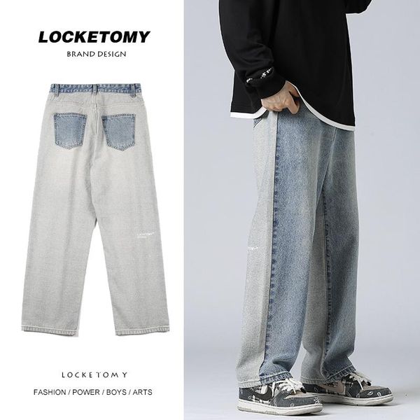 men's jeans 2021 autumn men baggy splicing straight wide leg denim pants trousers personality street fashion male clothing, Blue
men's jeans 2021 autumn men baggy splicing straight wide leg denim pants trousers personality street fashion male clothing, Blue