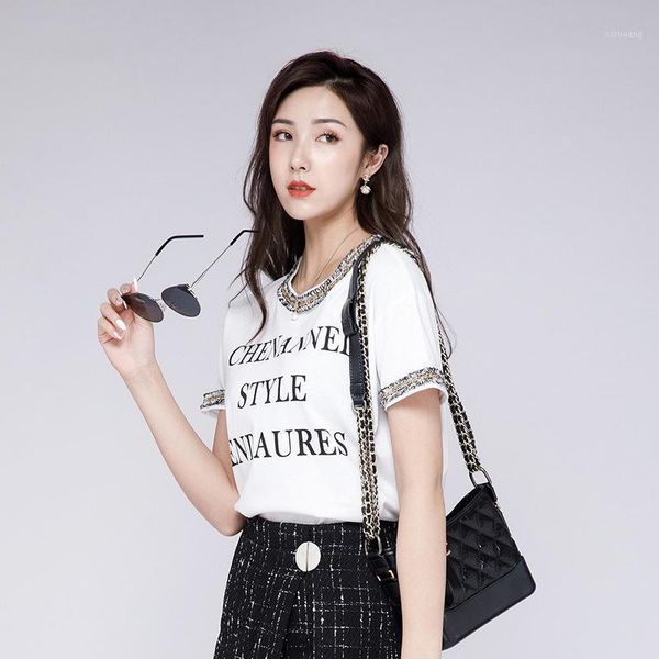women's t-shirt small fragrance summer short 2021 white round ne letter loose and versatile casual thin top
women's t-shirt small fragrance summer short 2021 white round ne letter loose and versatile casual thin top