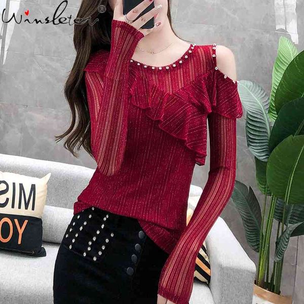 women's t-shirt fall winter european clothes chic off shoulder rivet ruffles women bottoming shirt tees t08708l 7wb8, White
women's t-shirt fall winter european clothes chic off shoulder rivet ruffles women bottoming shirt tees t08708l 7wb8, White