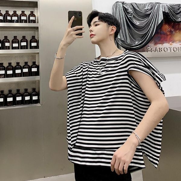 men's t-shirts m-xlearly summer fashion models asymmetric design loose striped t-shirt tide brand personality short sleeve t., White;black