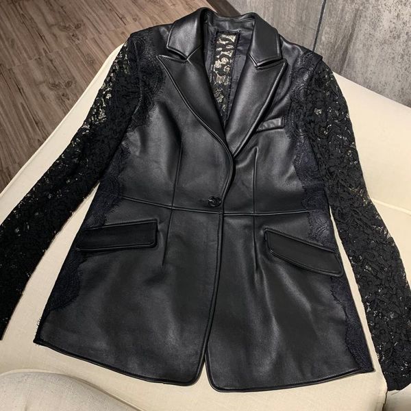 women's leather & faux ladies genuine blazer lace splicated women real sheep jacket, Black
women's leather & faux ladies genuine blazer lace splicated women real sheep jacket, Black