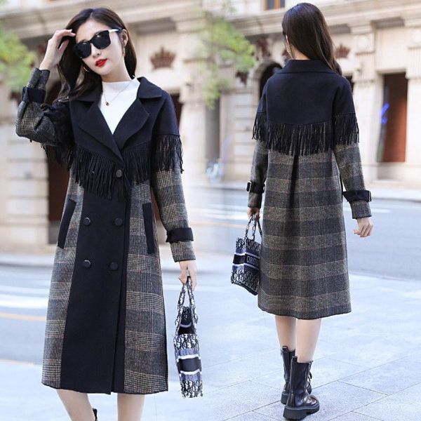 women's trench coats 2021 winter young and middle-aged lapel long sleeve double-breasted tassel age-reducing plaid woolen coat, Tan;black
women's trench coats 2021 winter young and middle-aged lapel long sleeve double-breasted tassel age-reducing plaid woolen coat, Tan;black