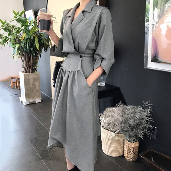 2021 autumn korea new fashion notched three quarter sleeve irregular hem mid-calf dress woman cwjy, Black;gray
2021 autumn korea new fashion notched three quarter sleeve irregular hem mid-calf dress woman cwjy, Black;gray