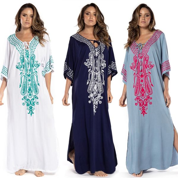 2021 indie folk lace up v-neck batwing sleeve summer beach dress tunic women beachwear kaftan maxi dress robe sarong n775 210224, Black;gray 
2021 indie folk lace up v-neck batwing sleeve summer beach dress tunic women beachwear kaftan maxi dress robe sarong n775 210224, Black;gray