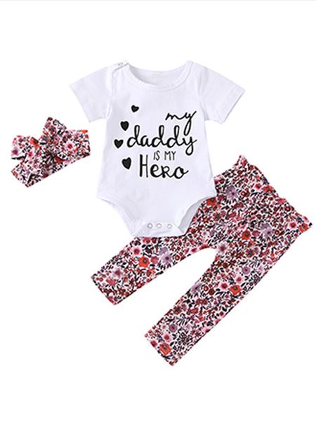 new infant baby girls 3 pcs outfits suits short sleeve letter printed romper + floral printed long pant + headband sets, White
new infant baby girls 3 pcs outfits suits short sleeve letter printed romper + floral printed long pant + headband sets, White