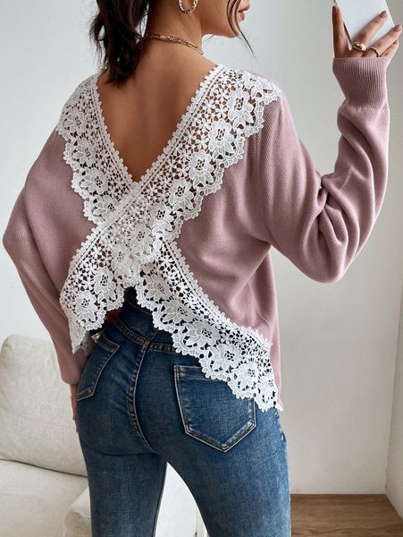 guipure lace insert crossover back sweater c9mh#, White
guipure lace insert crossover back sweater c9mh#, White