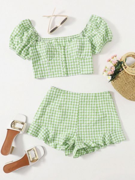gingham puff sleeve & ruffle hem shorts set l6xh#, White