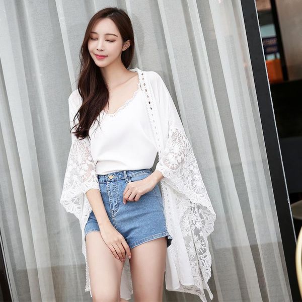 women's swimwear beach sunscreen lace chiffon loose jacket cardigan swimsuit with bikini blouse shawl, White;black
women's swimwear beach sunscreen lace chiffon loose jacket cardigan swimsuit with bikini blouse shawl, White;black