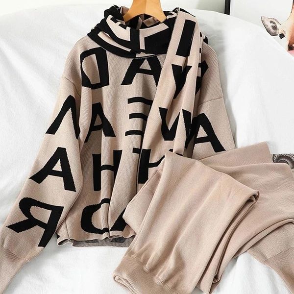 women's two piece pants 2021 autumn winter women letter knitting scarf loose sweater 3piece knit suit trendy loungee streetwear set, White
women's two piece pants 2021 autumn winter women letter knitting scarf loose sweater 3piece knit suit trendy loungee streetwear set, White