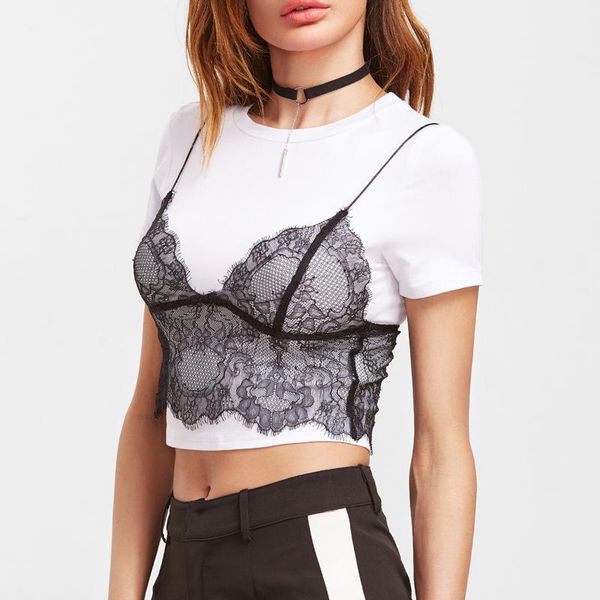 women's t-shirt women false two-piece short with lace fashion design casual crop laces girl's tees, White
women's t-shirt women false two-piece short with lace fashion design casual crop laces girl's tees, White