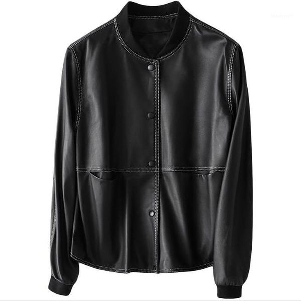 women's real sheepskin baseball jacket loose genuine leather knitted collar with pockets & faux, Black
women's real sheepskin baseball jacket loose genuine leather knitted collar with pockets & faux, Black