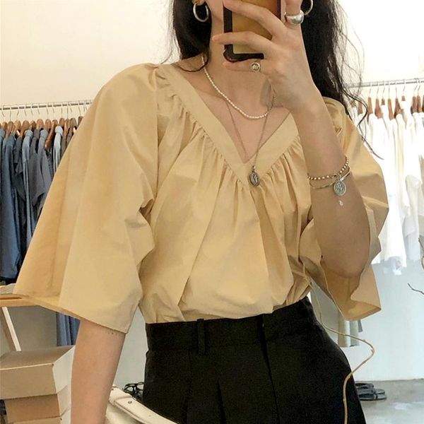women's blouses & shirts vanovich 2021 summer women and v-neck fold solid color ladies wild cotton puff sleeve shirt top, White
women's blouses & shirts vanovich 2021 summer women and v-neck fold solid color ladies wild cotton puff sleeve shirt top, White