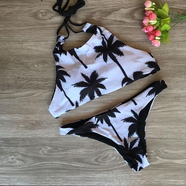 women's swimwear print floral palm tree bikini set halter crop hang high neck bikinis push up women swimsuit beach bathing suit, White;black
women's swimwear print floral palm tree bikini set halter crop hang high neck bikinis push up women swimsuit beach bathing suit, White;black