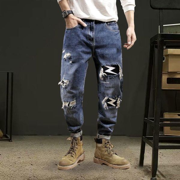 men's jeans summer search holes in male logo loose straight tube korean version trend retro japanese nine points all-match, Blue
men's jeans summer search holes in male logo loose straight tube korean version trend retro japanese nine points all-match, Blue