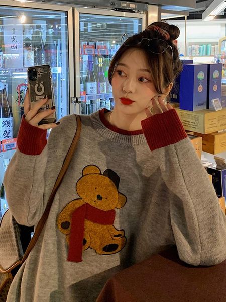 women's sweaters autumn/winter korean version of loose scarf bear embroidery knit sweater contrast color round neck pullover women, White;black
women's sweaters autumn/winter korean version of loose scarf bear embroidery knit sweater contrast color round neck pullover women, White;black