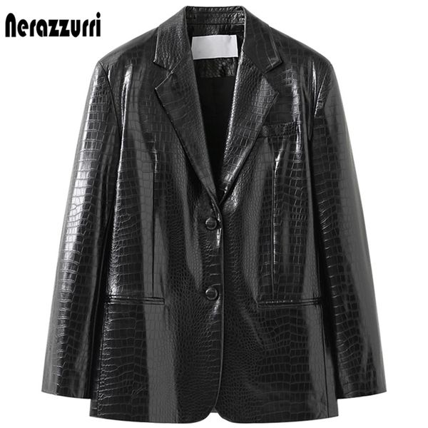 nerazzurri spring black reflective print leather blazer jacket for women long sleeve soft faux 211119
nerazzurri spring black reflective print leather blazer jacket for women long sleeve soft faux 211119