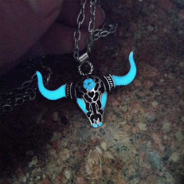 pendant necklaces luminous bull head necklace glowing animal horn skull for women men glow in the dark jewelry halloween, Silver