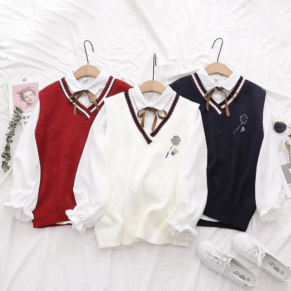 two piece dress cute spring women's 2pcs set: v-neck knitted vest sweater + white bow trim shirt blouse pullover preppy style
two piece dress cute spring women's 2pcs set: v-neck knitted vest sweater + white bow trim shirt blouse pullover preppy style
