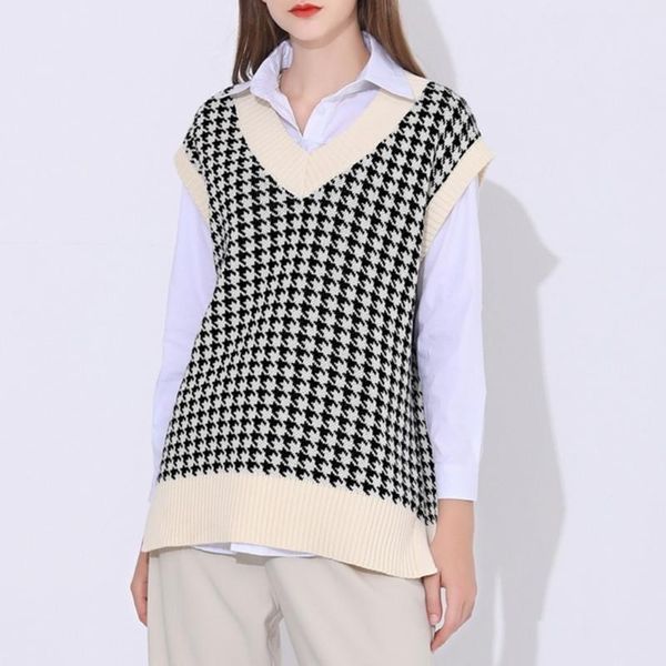 women's sweaters women autumn houndstooth plaid knitted vest sleeveless v-neck vintage sweater oversized loose pullover jumper tank, White;black
women's sweaters women autumn houndstooth plaid knitted vest sleeveless v-neck vintage sweater oversized loose pullover jumper tank, White;black