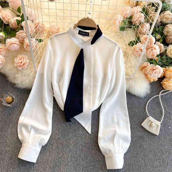 korean spring summer shirt women's fashion round collar bow long sleeve chiffon camisas blouse r878 210527, White 
korean spring summer shirt women's fashion round collar bow long sleeve chiffon camisas blouse r878 210527, White