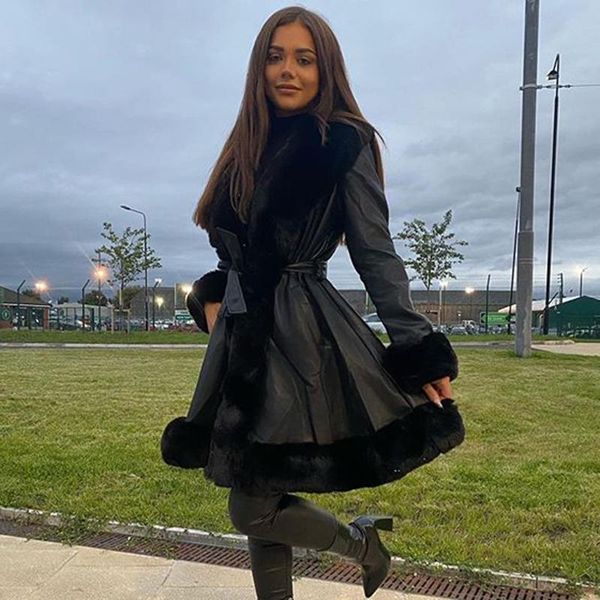 women's leather & faux cp side pockets jackets women fashion pu tie belt waist long coats elegant solid fur female ladies, Black
women's leather & faux cp side pockets jackets women fashion pu tie belt waist long coats elegant solid fur female ladies, Black
