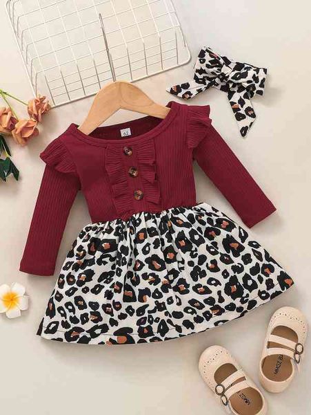 baby leopard print ruffle trim fake button dress & headband she, Red;yellow
baby leopard print ruffle trim fake button dress & headband she, Red;yellow