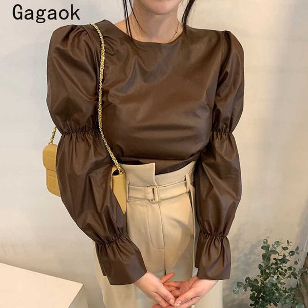 women pu blouse spring autumn vintage solid o-neck puff sleeve korean chic fashion wild shirt and blouses 210531, White
women pu blouse spring autumn vintage solid o-neck puff sleeve korean chic fashion wild shirt and blouses 210531, White