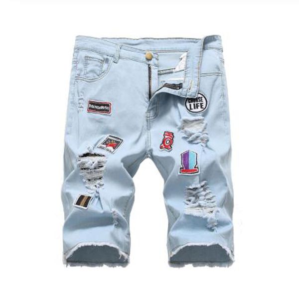 new male flashlight distinctive embroidered badge shorts will see shredded holes in denim stretch pants s3pd, Blue
new male flashlight distinctive embroidered badge shorts will see shredded holes in denim stretch pants s3pd, Blue