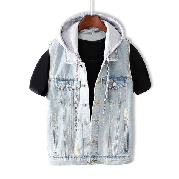 2021 new fashion streetwear men light blue casual ripped denim vest hooded coats sleeveless hip hop chaqueta hombre 5trx, Black;white
2021 new fashion streetwear men light blue casual ripped denim vest hooded coats sleeveless hip hop chaqueta hombre 5trx, Black;white