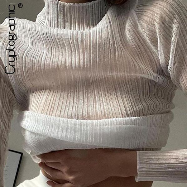 women's t-shirt cryptographic 2021 fall elegant see through long sleeve mock neck women fashion streetwear t-shirts tees slim clot, White 
women's t-shirt cryptographic 2021 fall elegant see through long sleeve mock neck women fashion streetwear t-shirts tees slim clot, White
