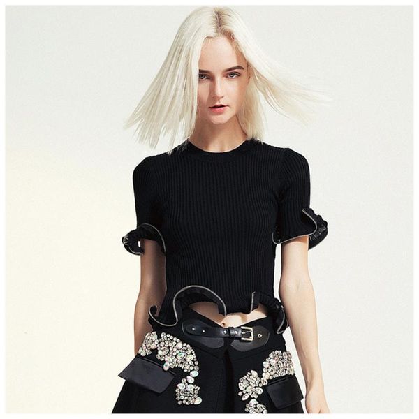 women's sweaters 2021 spring summer round neck half sleeve black knitting zipper stitch ruffles loose t-shirt women fashion tide, White;black
women's sweaters 2021 spring summer round neck half sleeve black knitting zipper stitch ruffles loose t-shirt women fashion tide, White;black