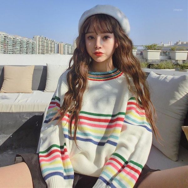 women's sweaters 2021 winter clothing lovely sweet rainbow stripes long loose sleeve sweater women harajuku pullovers, White;black
women's sweaters 2021 winter clothing lovely sweet rainbow stripes long loose sleeve sweater women harajuku pullovers, White;black