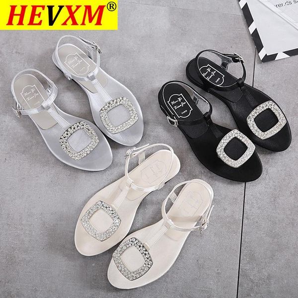 sandals brand square crystal buckle flat women t-strap silk gladiator sandalias mujer bling rhinestone plus size 42, Black