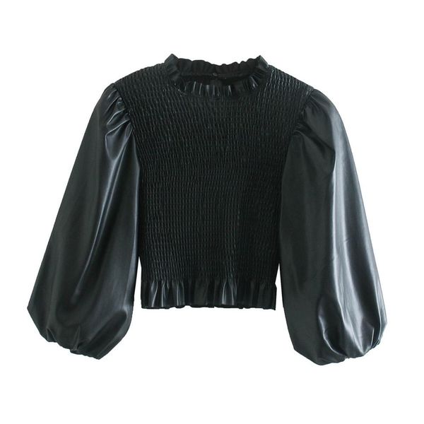 retro lantern sleeve elastic ruched pu leather crop shirt french wood ears ruffles o neck slim short women blouse, White
retro lantern sleeve elastic ruched pu leather crop shirt french wood ears ruffles o neck slim short women blouse, White
