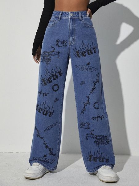 letter & fire & graphic pattern wide leg jeans h3ni#, Blue
letter & fire & graphic pattern wide leg jeans h3ni#, Blue