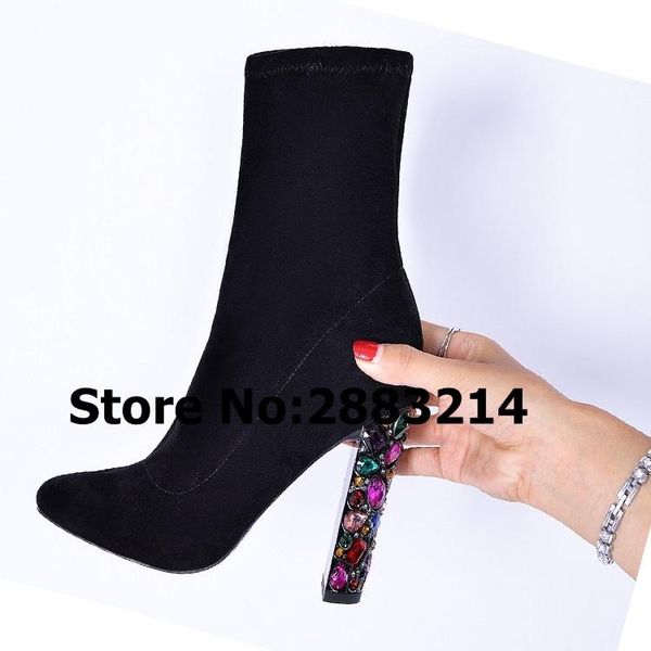 boots multi-color crystal chunky heels spring autumn stiltto ankle round toe stretch suede female short high shoes, Black
boots multi-color crystal chunky heels spring autumn stiltto ankle round toe stretch suede female short high shoes, Black