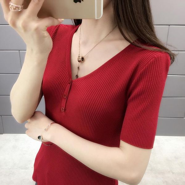 women's t-shirt 2021 summer women korean v-neck solid color slim jumper tees female ice silk all-match short sleeve knitted a05, White
women's t-shirt 2021 summer women korean v-neck solid color slim jumper tees female ice silk all-match short sleeve knitted a05, White