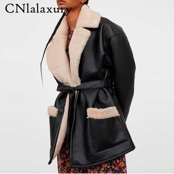 women's leather & faux women 2021 fashion fur thick warm jacket coat vintage long sleeve tied belt female outerwear chic parkas, Black
women's leather & faux women 2021 fashion fur thick warm jacket coat vintage long sleeve tied belt female outerwear chic parkas, Black