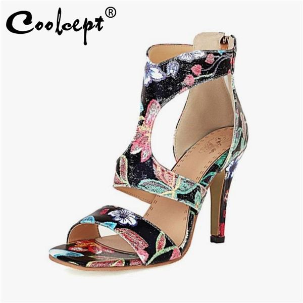 sandals coolcept size 34-43 women arrival fashion zipper flower high heel summer shoes woman party office lady footwear, Black