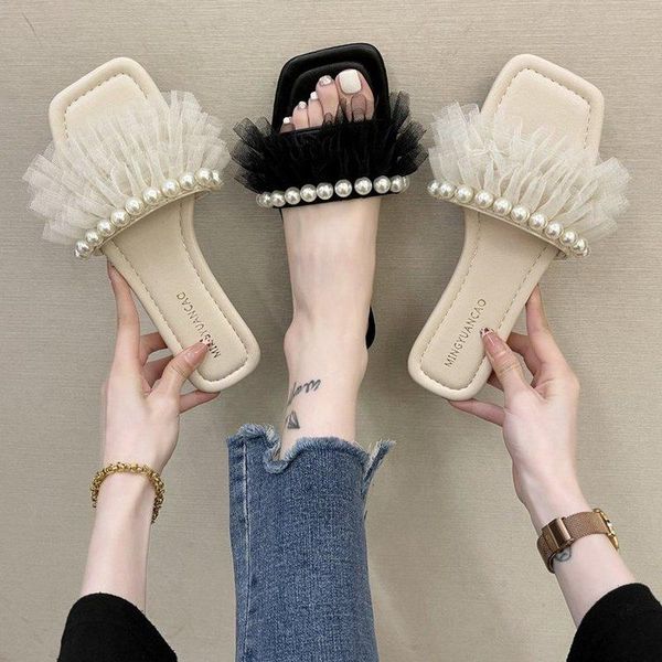 slippers fairy cool for women's exterior 2021 summer korean version versatile pearl mesh sweet flat flops sandals, Black
slippers fairy cool for women's exterior 2021 summer korean version versatile pearl mesh sweet flat flops sandals, Black