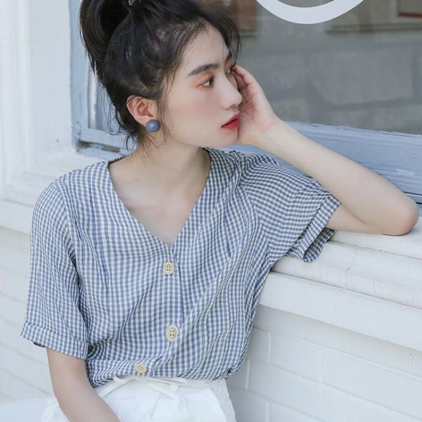 women's blouses & shirts vintage blue plaid v-neck shirt button short sleeve cotton blouse ladies casual summer women clothing 2021, White
women's blouses & shirts vintage blue plaid v-neck shirt button short sleeve cotton blouse ladies casual summer women clothing 2021, White