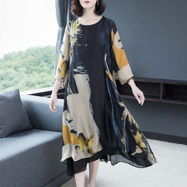 thin 2019 new loose large middle-aged temperament summer printed long drs, Black;gray
thin 2019 new loose large middle-aged temperament summer printed long drs, Black;gray