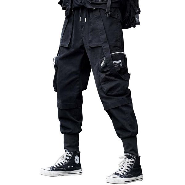 men's pants men ribbons color block black pocket cargo harem side harajuku sweatpant hip hop trousers