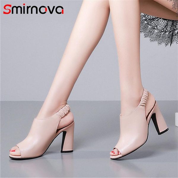 smirnova 2021 genuine leather shoes women sandals peep toe slingback pleated 9cm high heels office dress shoes lady, Black
