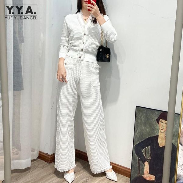 women's two piece pants elegant women tassels v neck knitwear sets short long sleeve high waist wide leg knitted matching suit, White
women's two piece pants elegant women tassels v neck knitwear sets short long sleeve high waist wide leg knitted matching suit, White