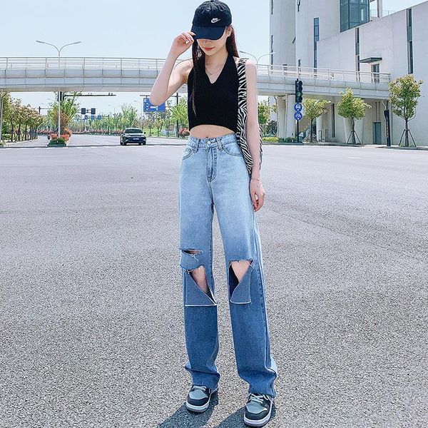 women's jeans hole high waist stretch straight denim trousers 2021 summer washed fashion pants, Blue 
women's jeans hole high waist stretch straight denim trousers 2021 summer washed fashion pants, Blue
