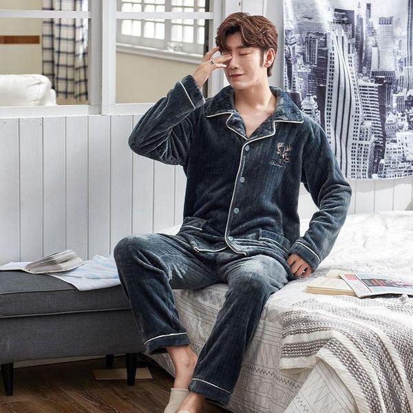 men's sleepwear winter warm lounge wear casual flannel pajamas for men soft coral fleece pyjamas 2 pieces shirt&pants thick homewear, Black;brown 
men's sleepwear winter warm lounge wear casual flannel pajamas for men soft coral fleece pyjamas 2 pieces shirt&pants thick homewear, Black;brown